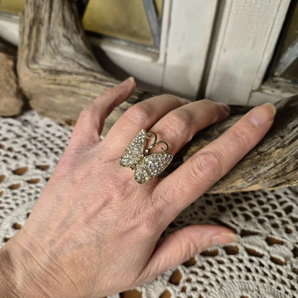 Fairy Gather Rings ππ§ββοΈ Clear Rhinestones Butterfly Gold Tone Adjustable Ring - Picture 6 of 11